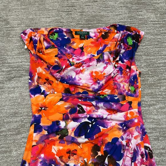 LRL Lauren Ralph Lauren Dress Womens 10 Orange Purple Floral Ruched Cowl Neck - Picture 2 of 10